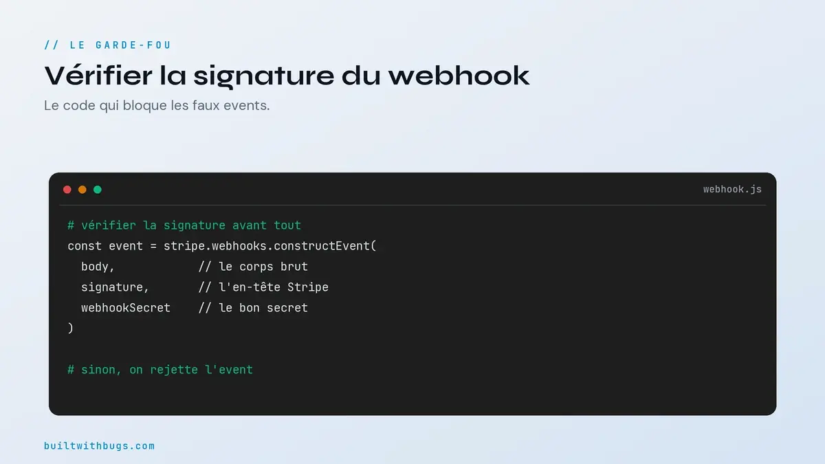 Codecard de vérification de la signature d'un webhook Stripe avec constructEvent