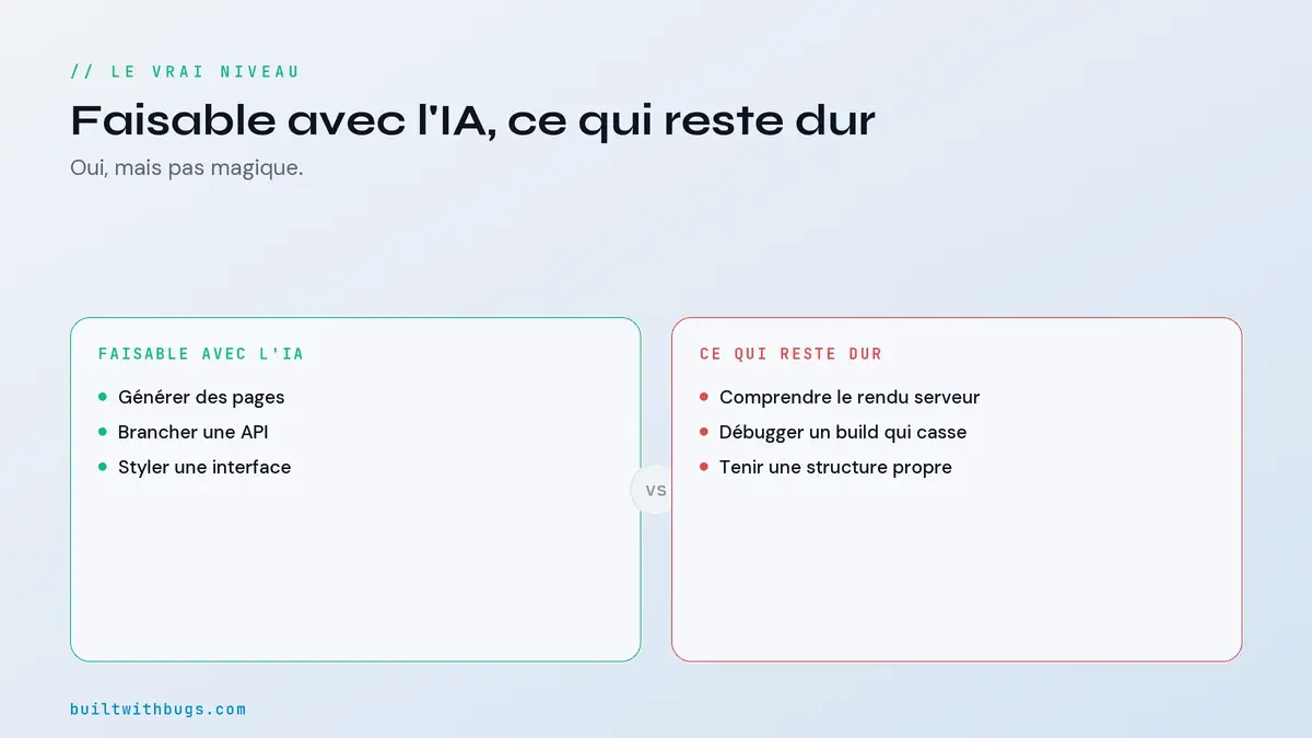 Comparatif Next.js, ce qui est faisable avec l'IA et ce qui reste dur