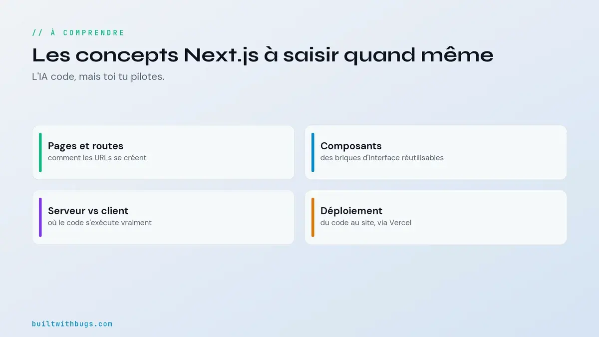 Les concepts Next.js à comprendre, pages et routes, composants, serveur contre client, déploiement