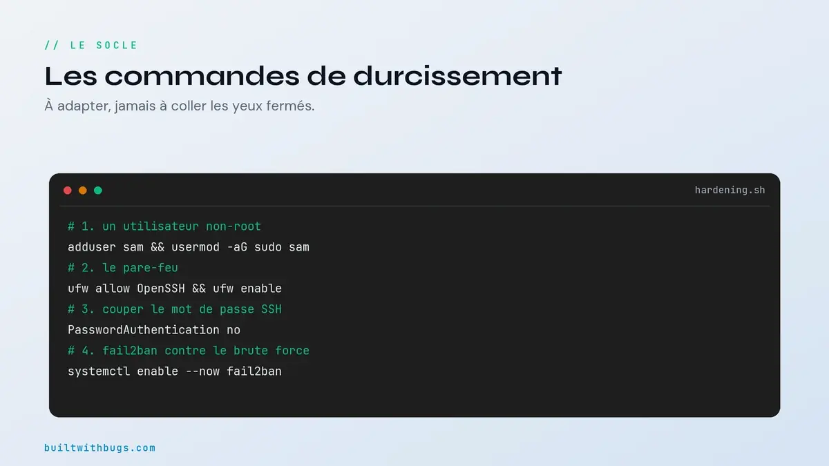 Les commandes de durcissement d'un VPS, adduser, ufw, fail2ban, SSH coupé