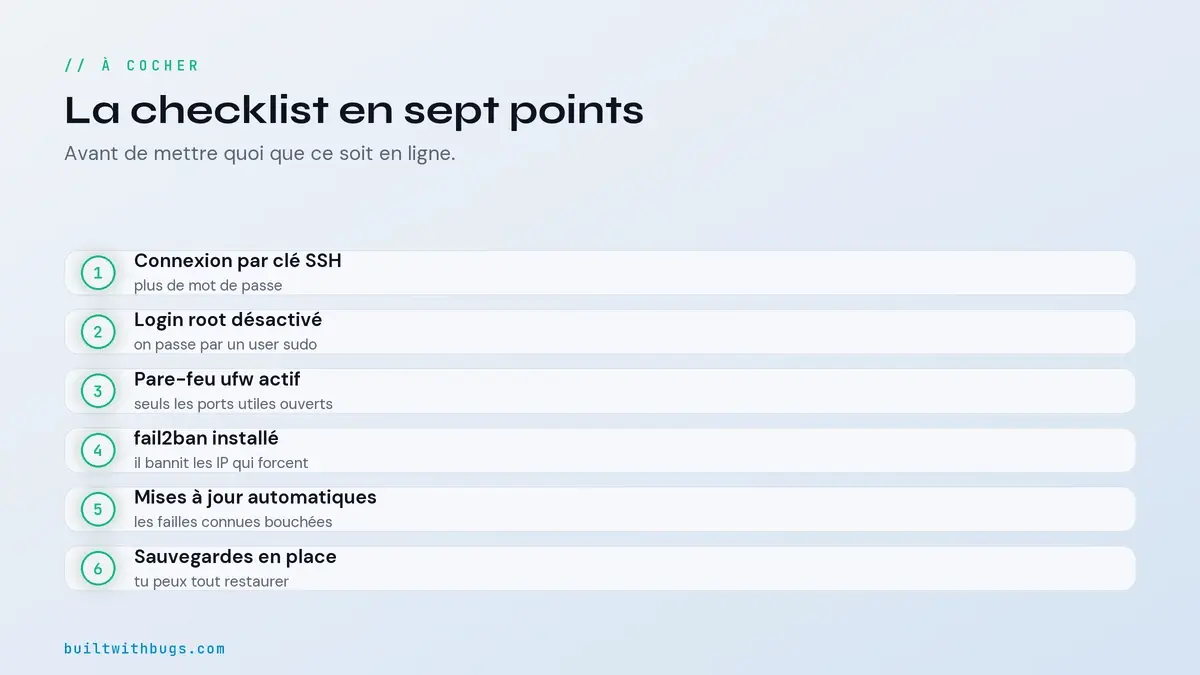 Checklist cochable pour sécuriser un VPS, huit points du durcissement de base