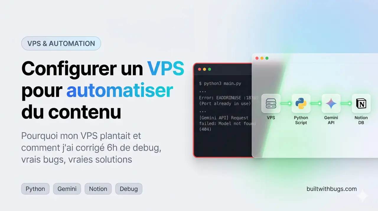 Terminal SSH montrant la configuration d'un pipeline Python sur VPS Hetzner avec Gemini et Notion