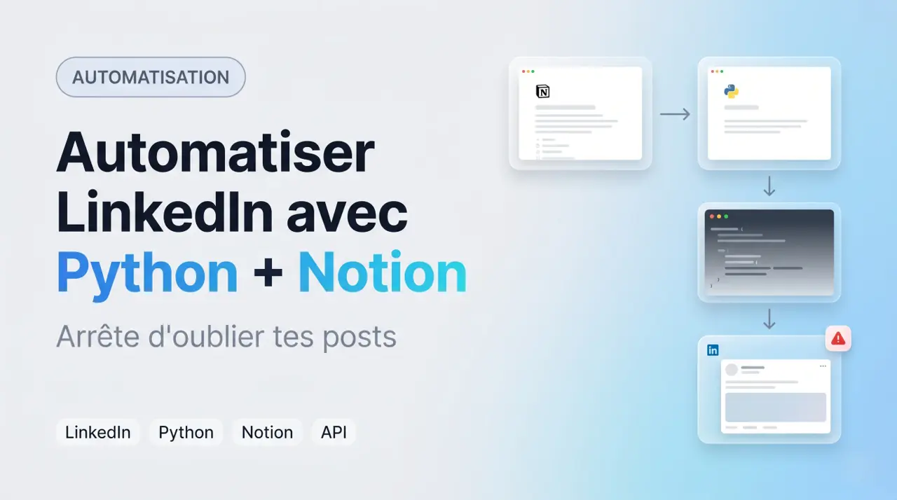 Schéma du pipeline d'automatisation LinkedIn : Notion, script Python 150 lignes et API LinkedIn connectés