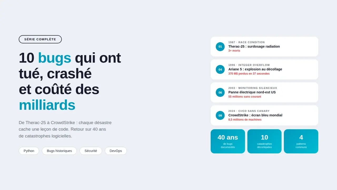 Frise chronologique abstraite des 10 bugs informatiques les plus catastrophiques de l'histoire