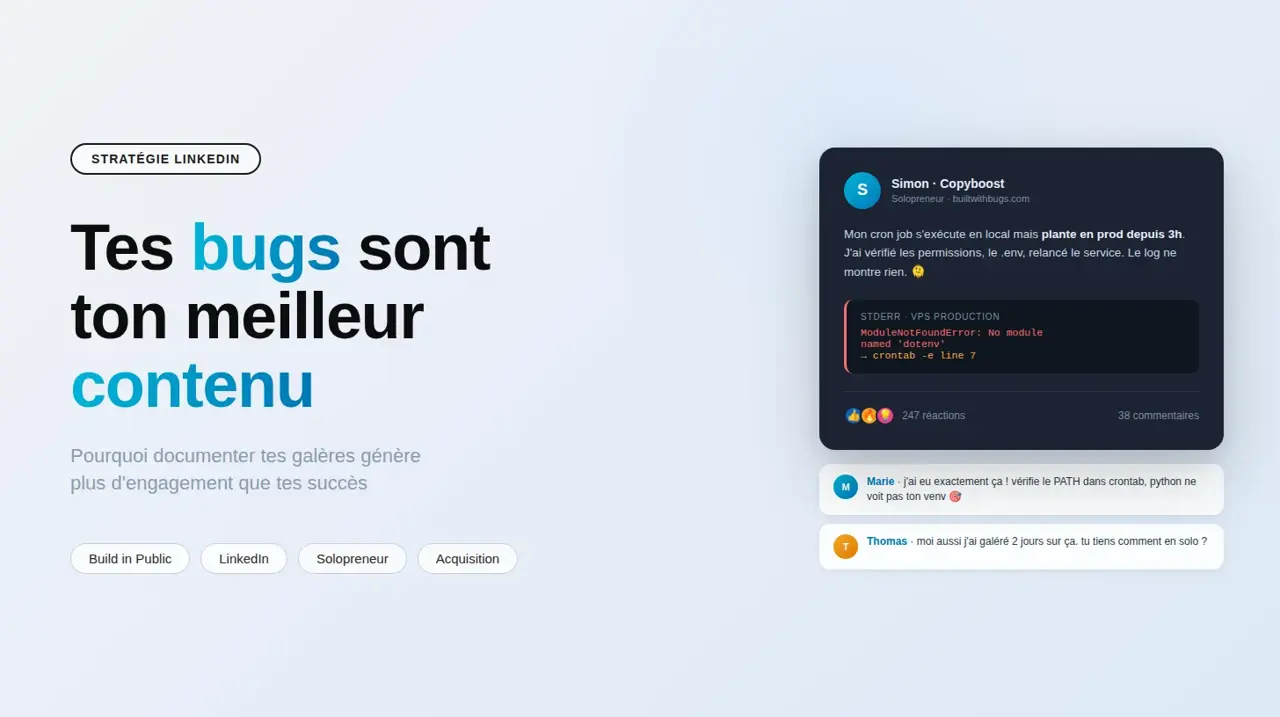 Illustration d'un post LinkedIn documentant un bug en cours de résolution sur un projet SaaS