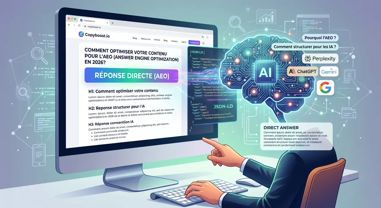 Schéma comparant l'optimisation SEO classique et l'AEO pour être cité par les moteurs IA comme Perplexity en 2026