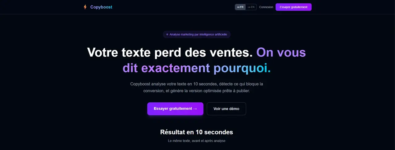 Dashboard de Copyboost affichant l'analyse psycholinguistique d'un texte marketing avec score et recommandations