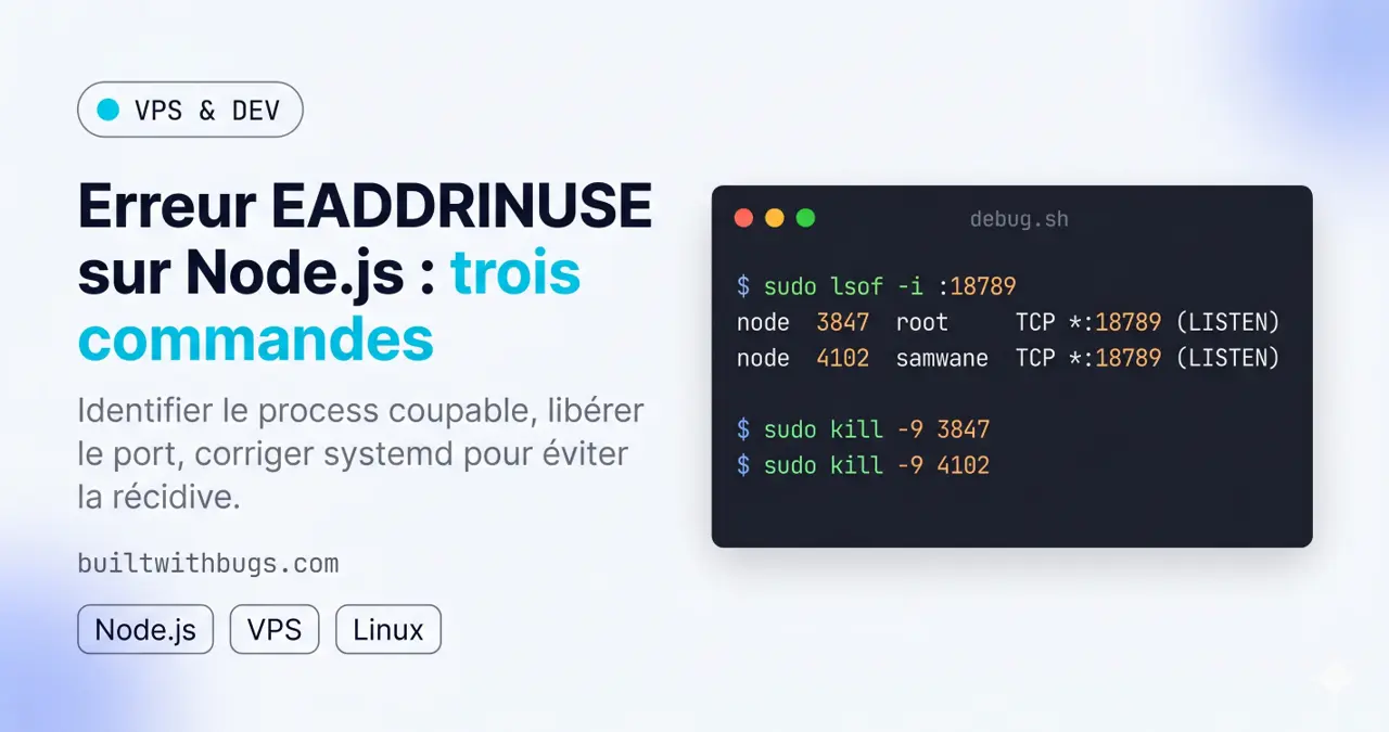 Terminal affichant l'erreur EADDRINUSE listen address already in use sur un serveur Node.js