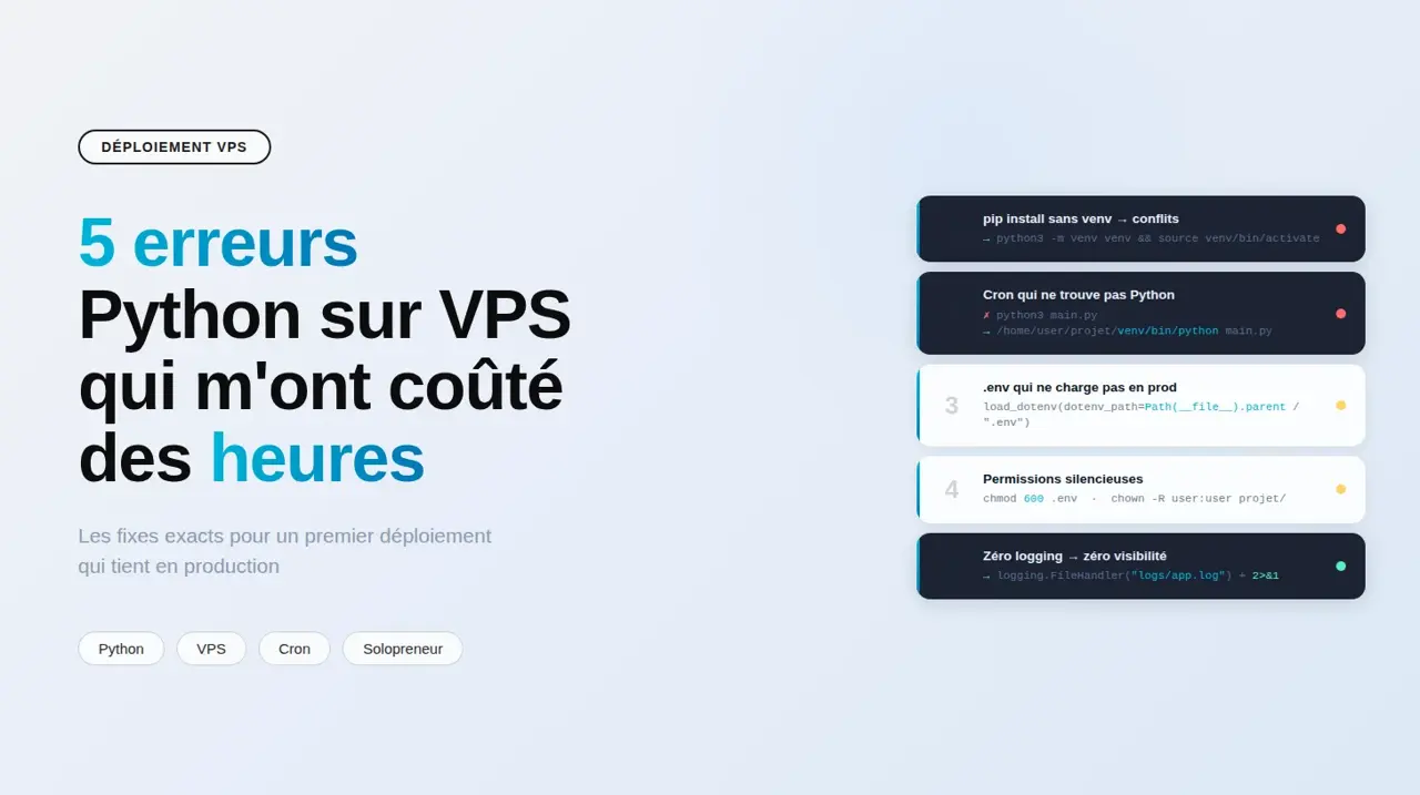 Terminal affichant cinq messages d'erreur Python courants lors d'un déploiement sur VPS