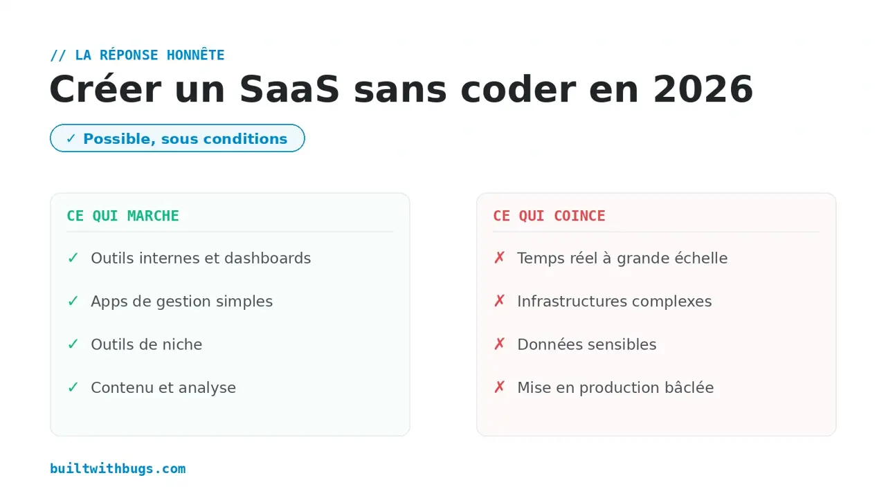Créer un SaaS sans coder en 2026, possible sous conditions, ce qui marche face à ce qui coince