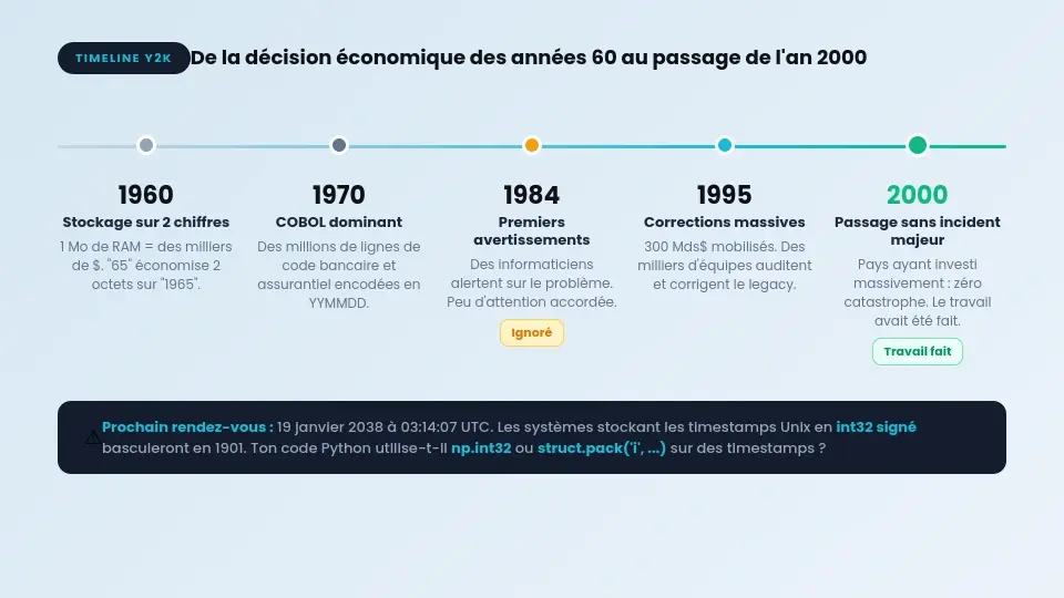 Timeline du bug Y2K : de 1960 aux corrections massives de 1995-2000