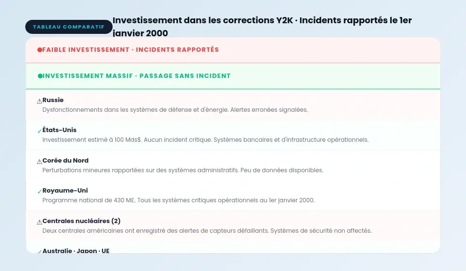 Tableau comparatif : pays ayant peu investi contre pays ayant massivement investi dans la correction Y2K