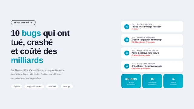 Frise chronologique abstraite des 10 bugs informatiques les plus catastrophiques de l'histoire
