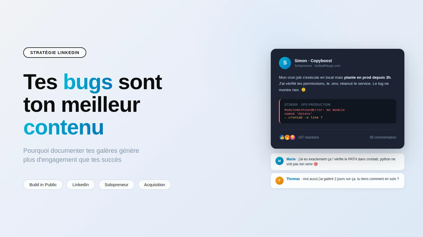 Illustration d'un post LinkedIn documentant un bug en cours de résolution sur un projet SaaS