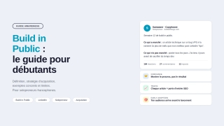 Illustration du concept Build in Public avec un écran de terminal et des réactions de communauté