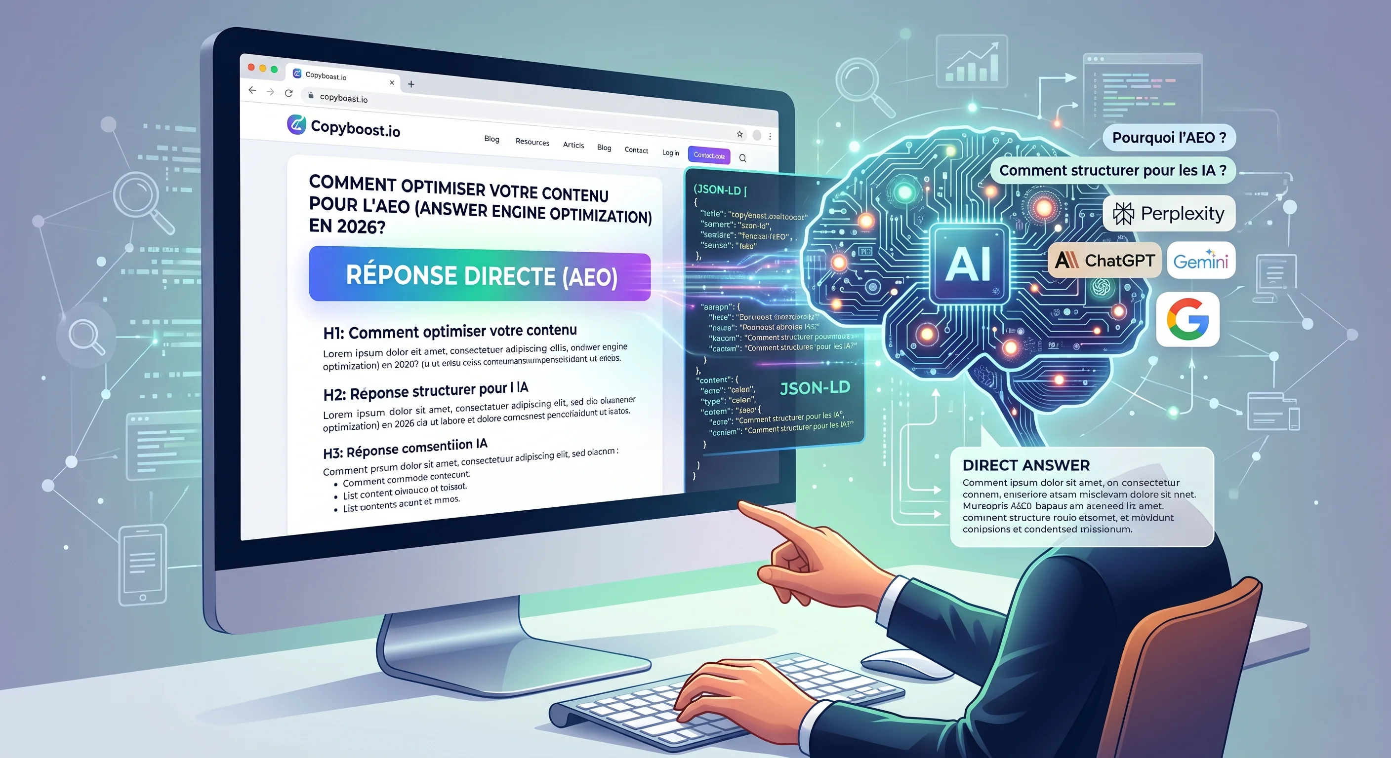 Schéma comparant l'optimisation SEO classique et l'AEO pour être cité par les moteurs IA comme Perplexity en 2026