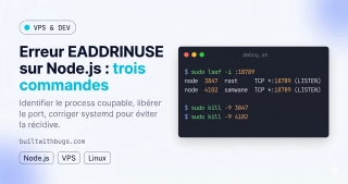 Terminal affichant l'erreur EADDRINUSE listen address already in use sur un serveur Node.js