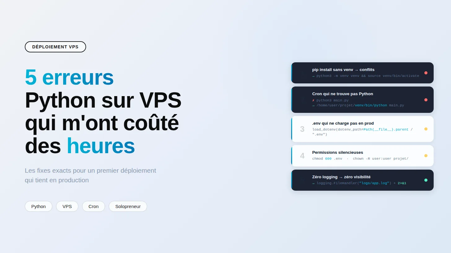 Terminal affichant cinq messages d'erreur Python courants lors d'un déploiement sur VPS