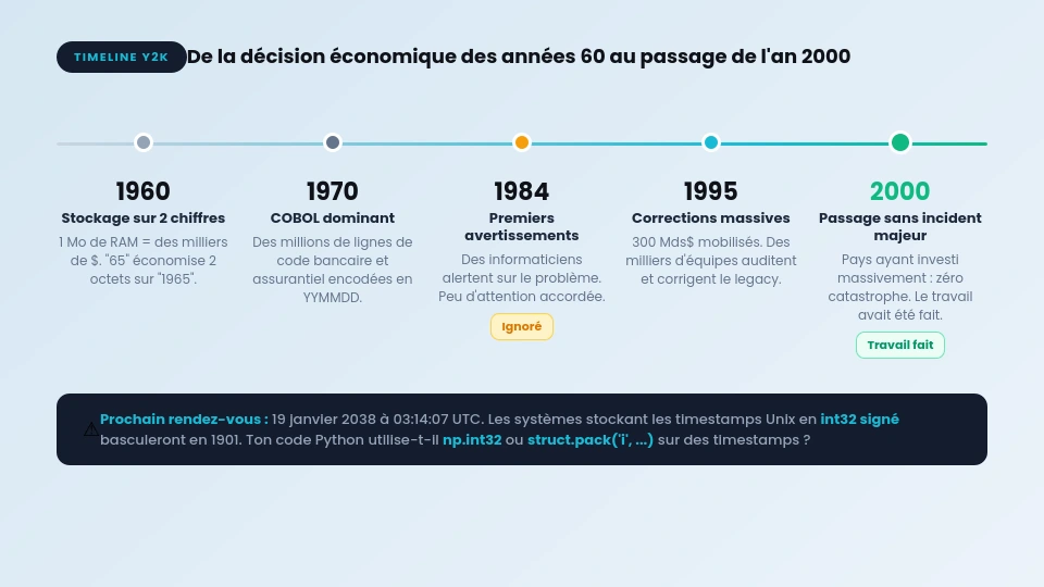 Timeline du bug Y2K : de 1960 aux corrections massives de 1995-2000