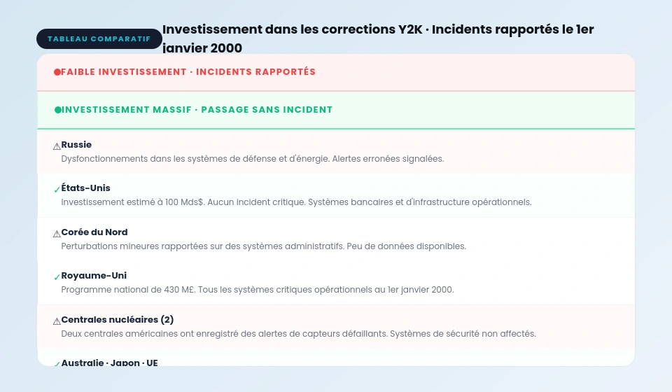 Tableau comparatif : pays ayant peu investi vs pays ayant massivement investi dans la correction Y2K