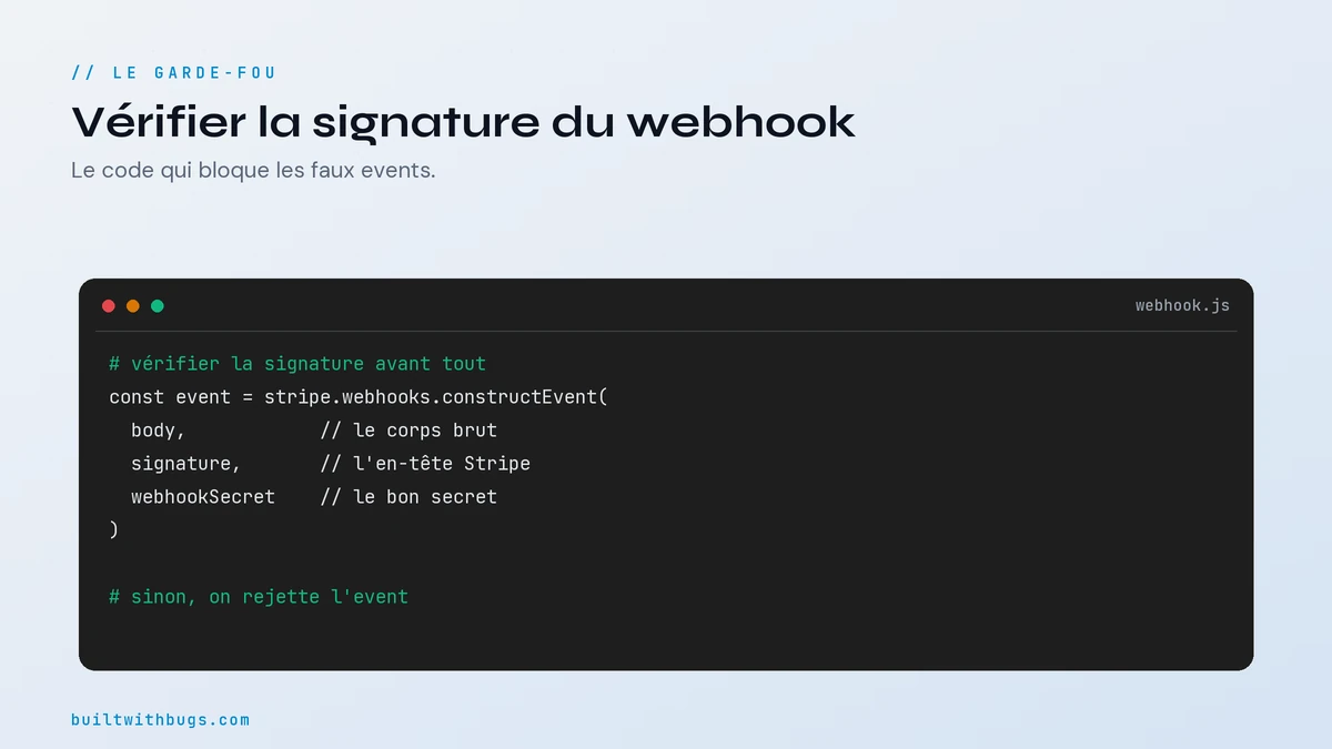 Codecard de vérification de la signature d'un webhook Stripe avec constructEvent