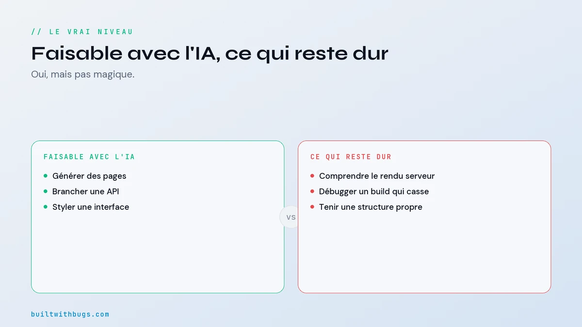 Comparatif Next.js, ce qui est faisable avec l'IA et ce qui reste dur