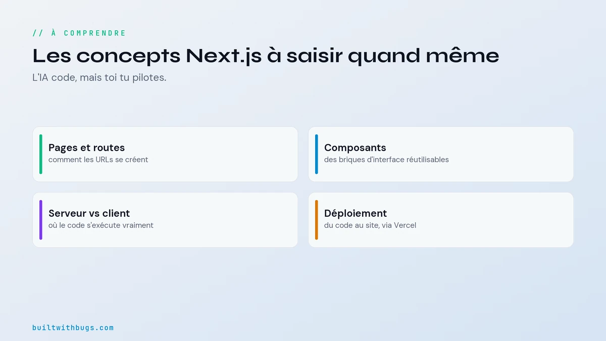Les concepts Next.js à comprendre, pages et routes, composants, serveur contre client, déploiement