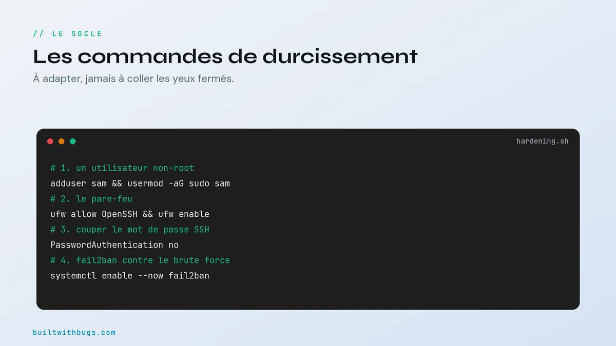 Les commandes de durcissement d'un VPS, adduser, ufw, fail2ban, SSH coupé
